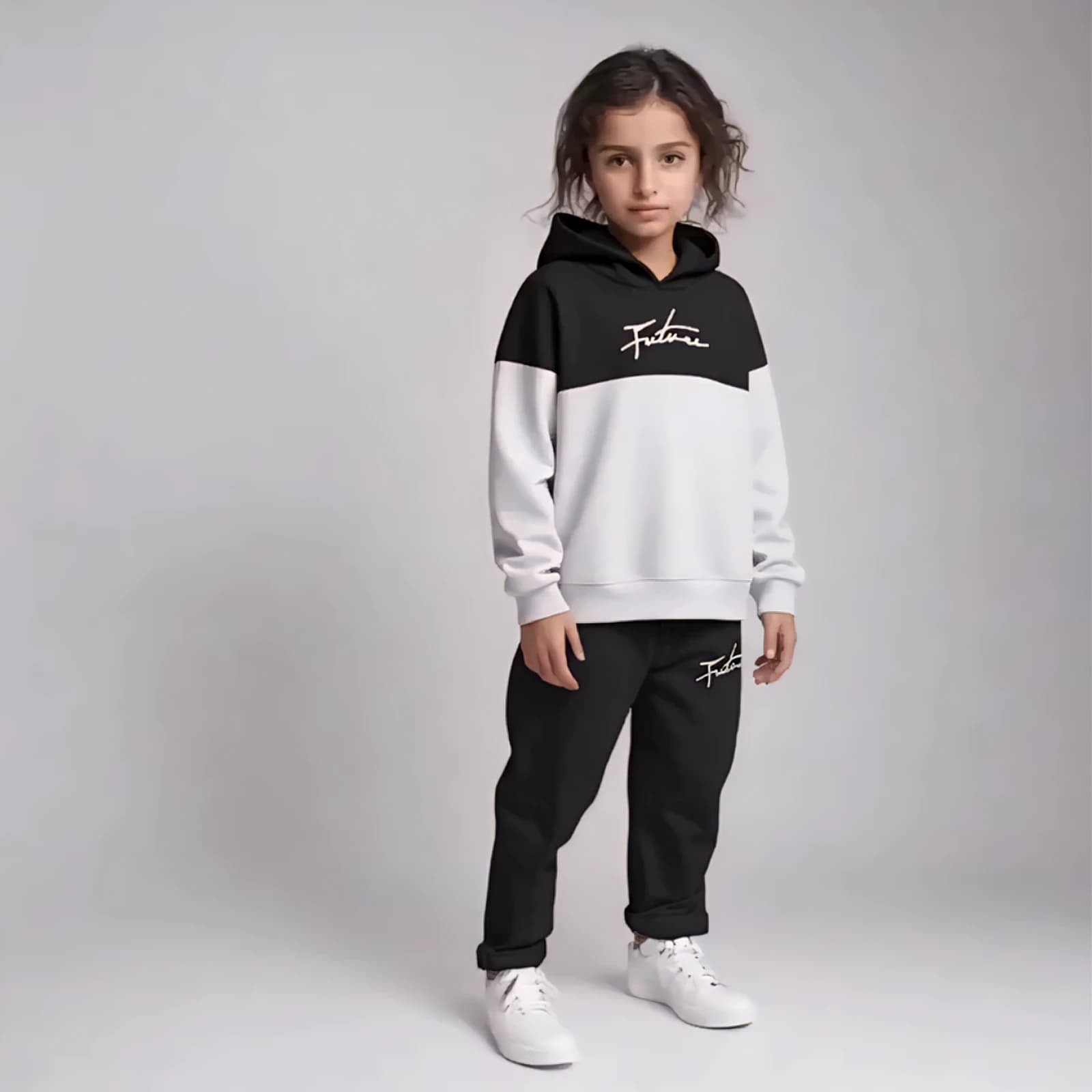 ست هودی و شلوار بچگانه اسپرت مدل Future رنگ سفید مشکی(3-8سال) — تصویر ۳