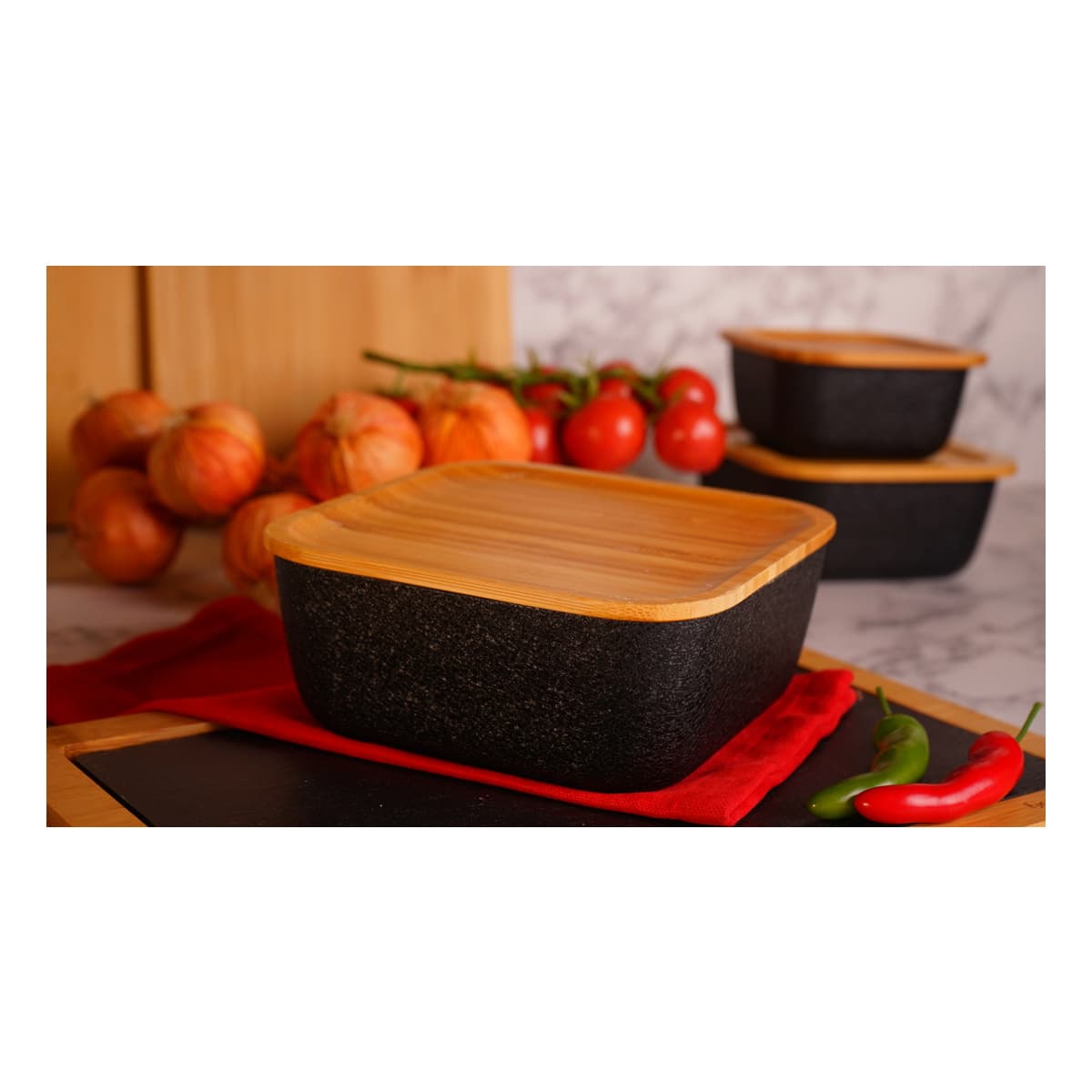 ظرف نگهدارنده غذا گرانیت 15 سانتی متر 800 میلی لیتر مشکی اسلالوم بامبوم B3782 — تصویر ۲