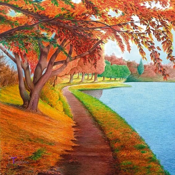 تابلو نقاشی با خودکار منظره فصل پاییز کد PN11 — تصویر ۲