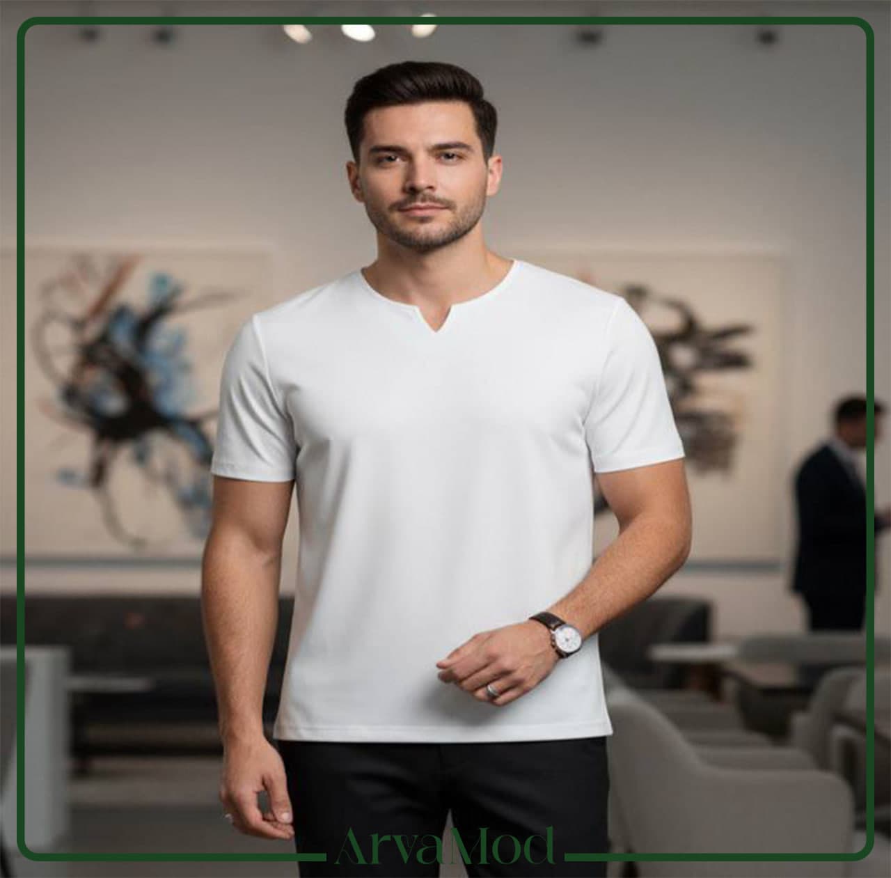 تیشرت سفید ساده یقه کوبایی — تصویر ۲