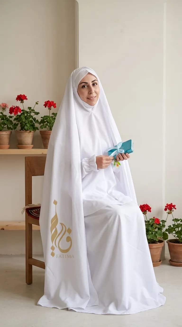 ست احرام سه تکه تترون سفید (مقنعه آستین‌دار +دامن+چادر)