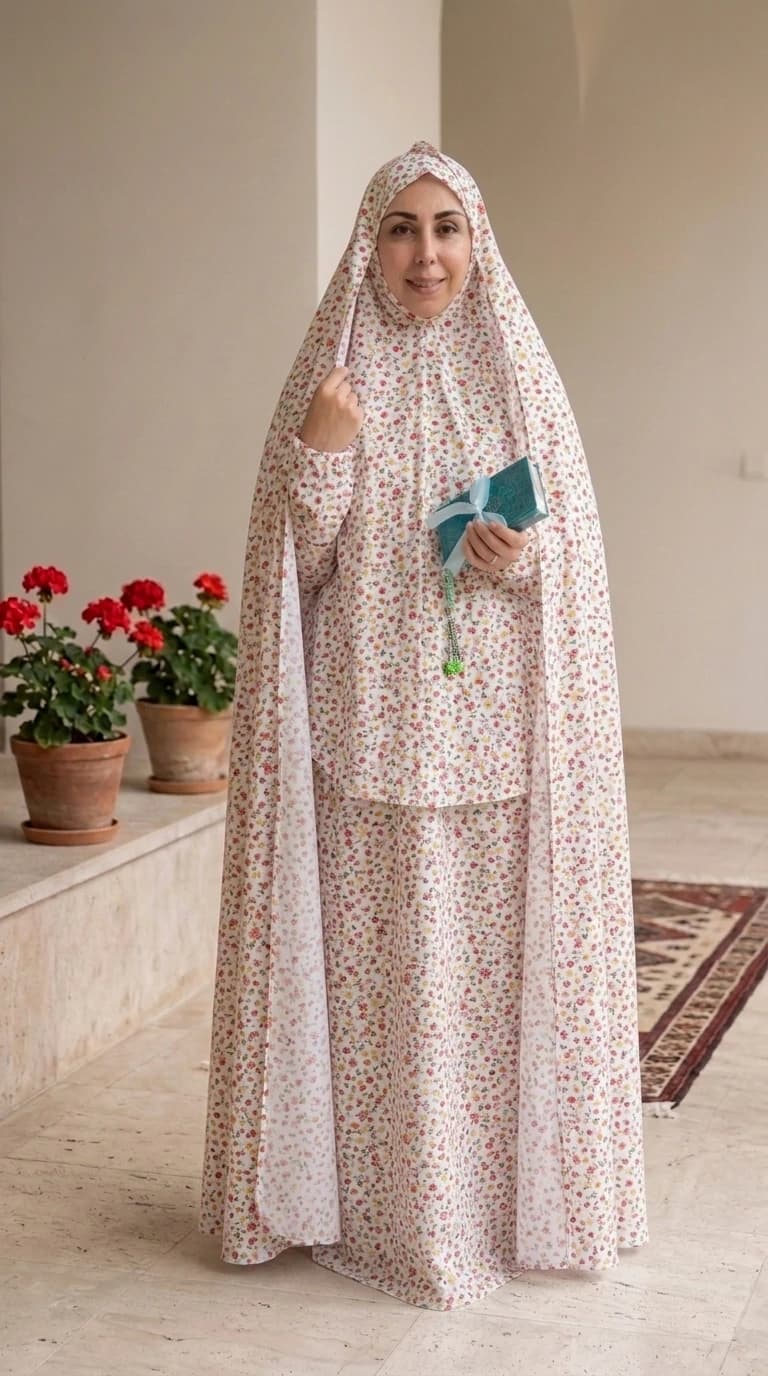 ست عبادت سه تکه گلدار (مقنعه آستین‌دار +دامن+چادر)