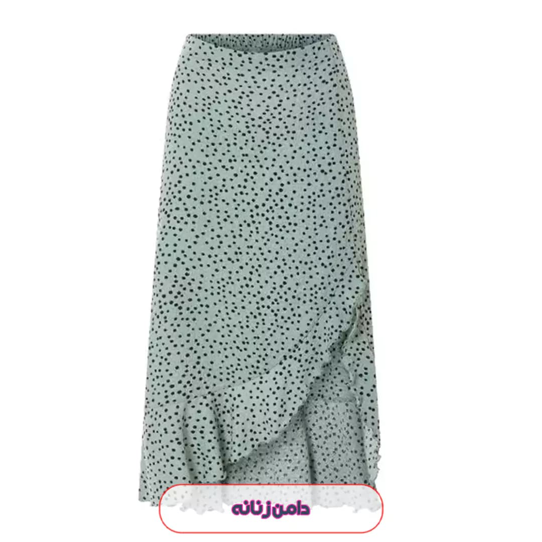 دامن لنگری چین دار خال خالی سبز اسمارا کریشه مدل 57598