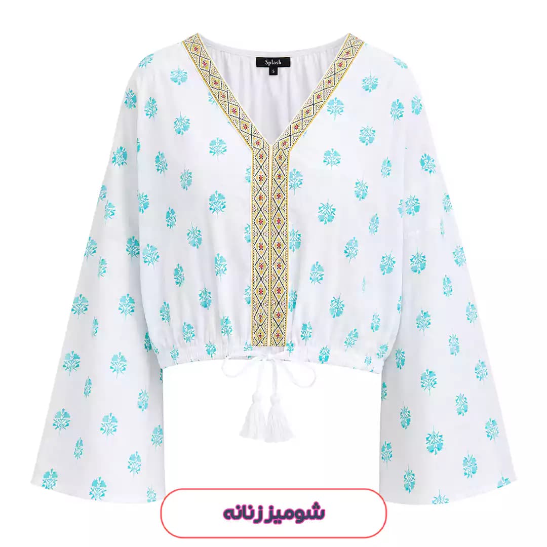 کراپ نخی بوهمین آستین کلوش سفید اسپلش مدل 56479