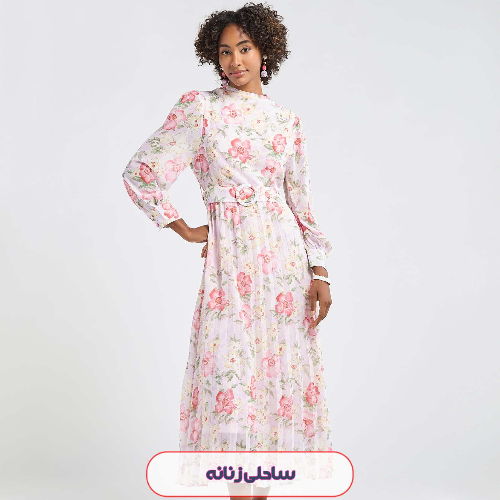 پیراهن میدی گلدار زنانه آستین بلند کمربنددار Splash مدل 54475