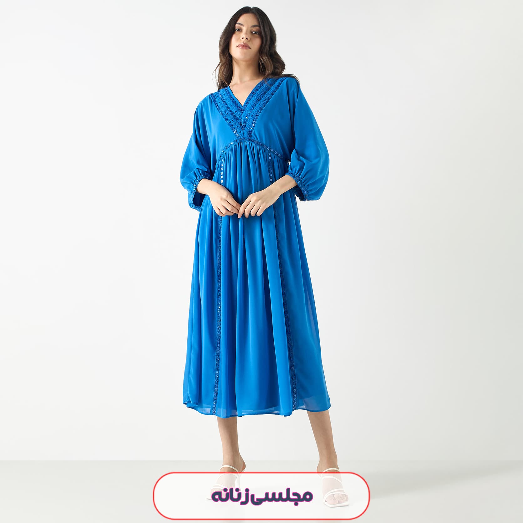 پیراهن میدی مجلسی آبی زنانه اسپلش با یقه هفت مدل 53590