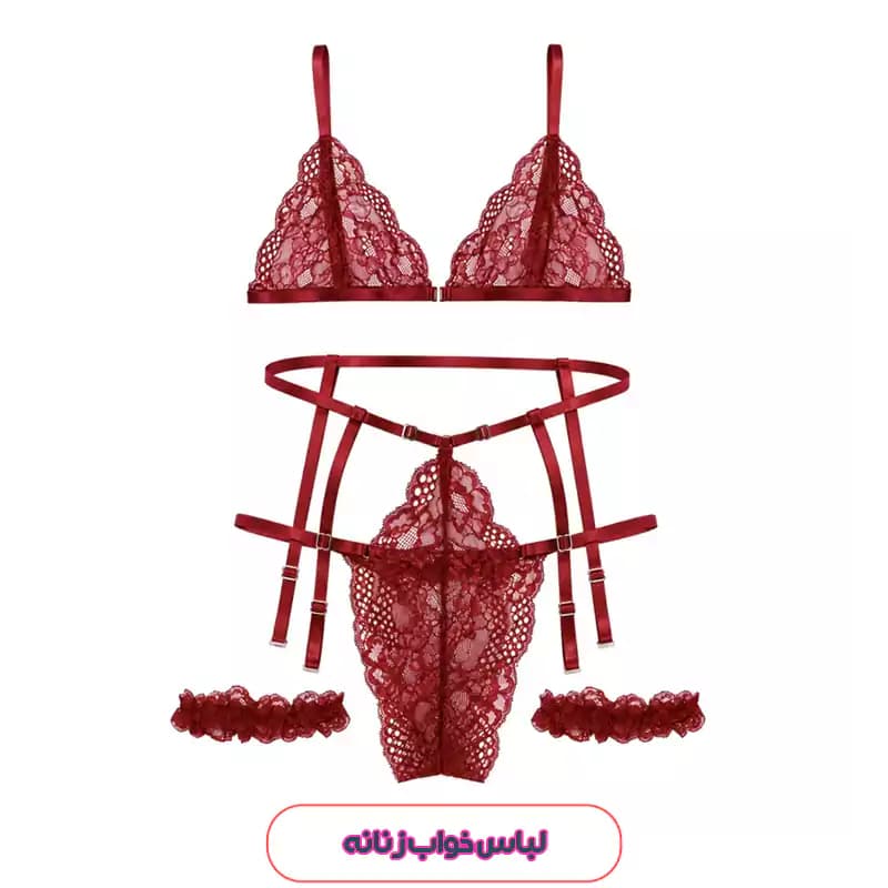 ست لباس خواب فانتزی زنانه 5 تکه Shein زرشکی گیپور 52459