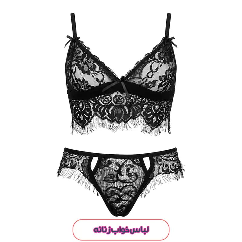ست لباس زیر فانتزی مشکی Shein مدل گیپور مژه‌دار 52430