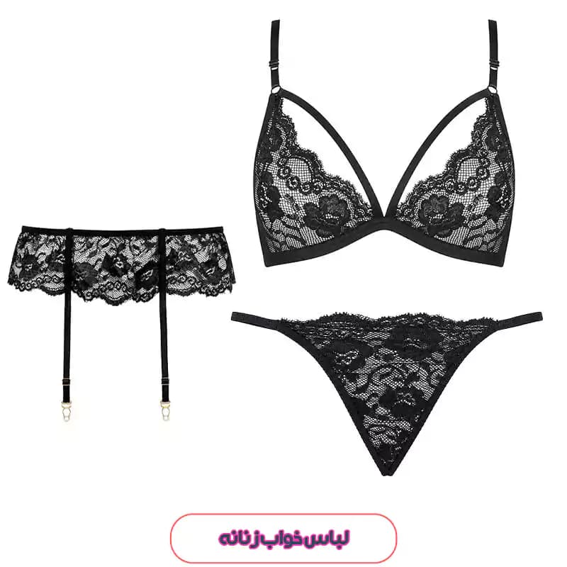 ست لباس زیر فانتزی زنانه گیپور مشکی Shein مدل 52240