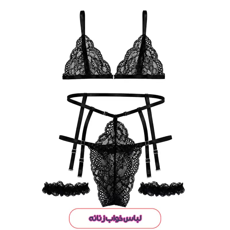 ست لباس زیر فانتزی هارنسی زنانه Shein مدل توری مشکی 52140