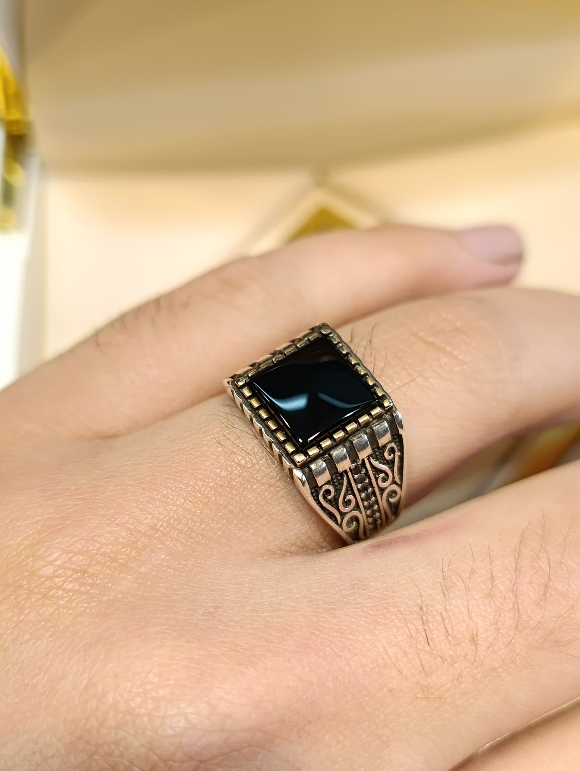 انگشتر نقره مردانه عقیق مشکی کار ترک – کدR1275 — تصویر ۴