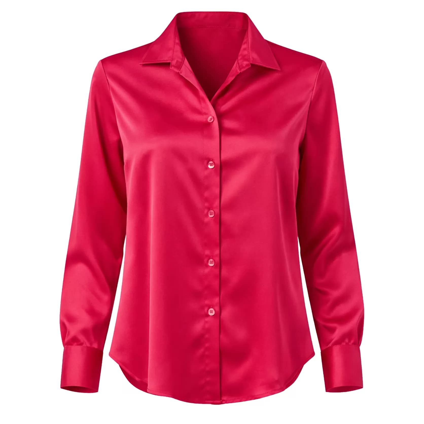 شومیز ساتن قرمز آستین بلند یقه برگردان مکس مدل ساده 46899 — تصویر ۲