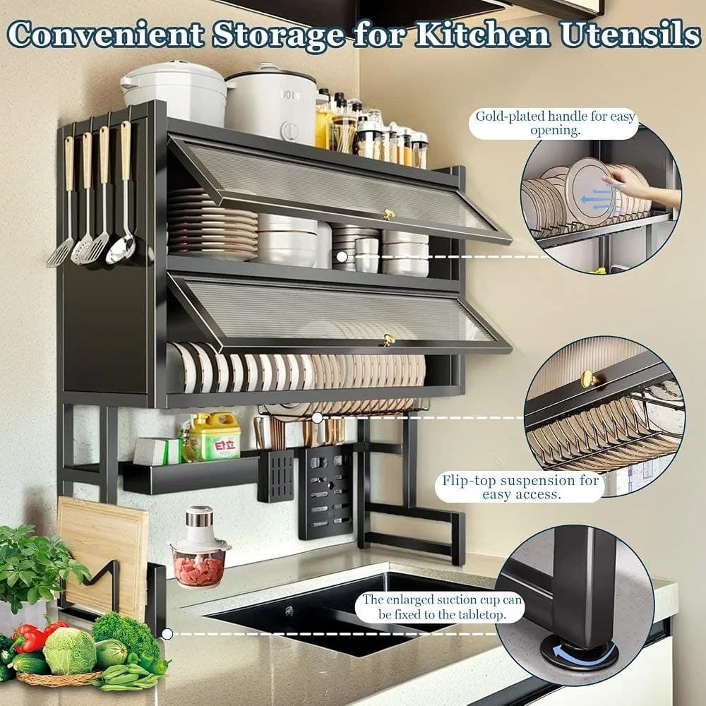 آبچکان و نظمدهنده دو طبقه دربدار بالای سینک (Black Edition) – مدل لوکس ضدزنگ — تصویر ۳