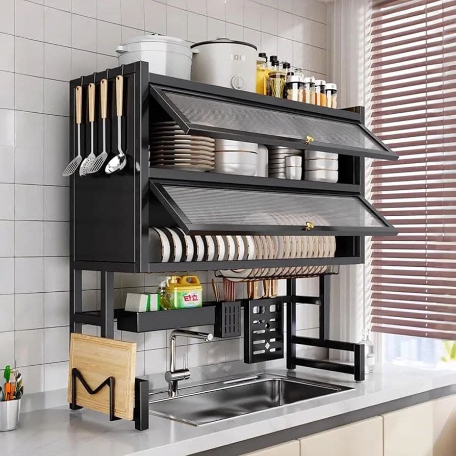 آبچکان و نظم‌دهنده دو طبقه درب‌دار بالای سینک (Black Edition) – مدل لوکس ضدزنگ