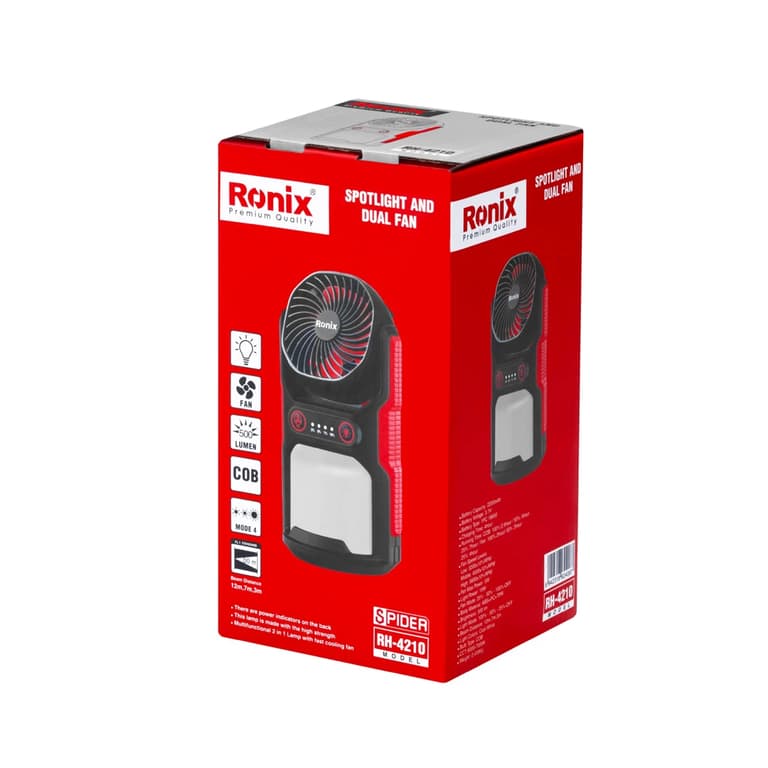 نور افکن و پنکه شارژی رونیکس دوکاره FanPro مدل RH-4210 — تصویر ۳