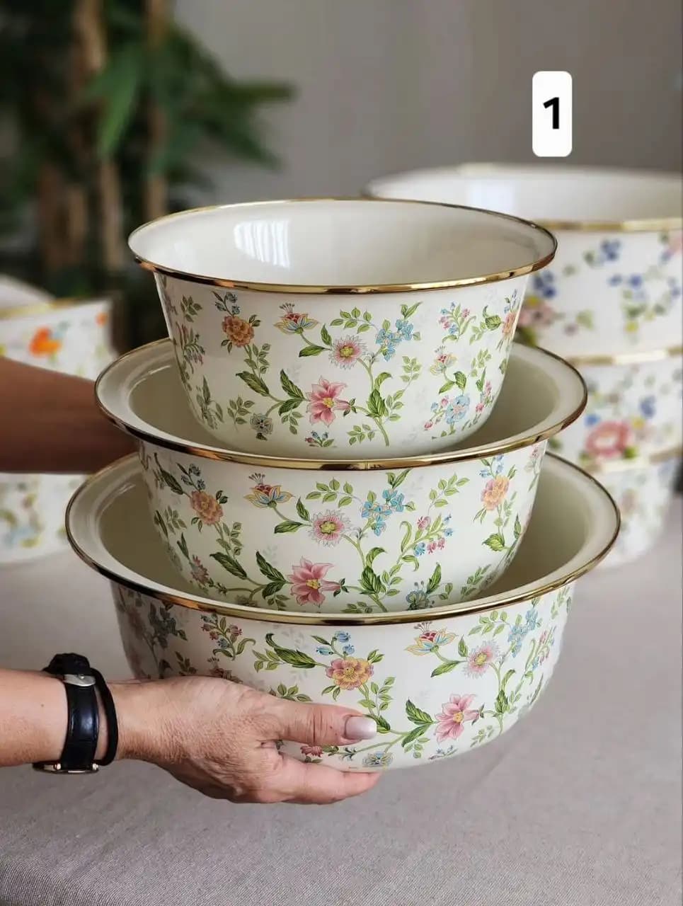 سرویس لگن لعابی طرح‌دار 3 پارچه لبه طلایی — تصویر ۲