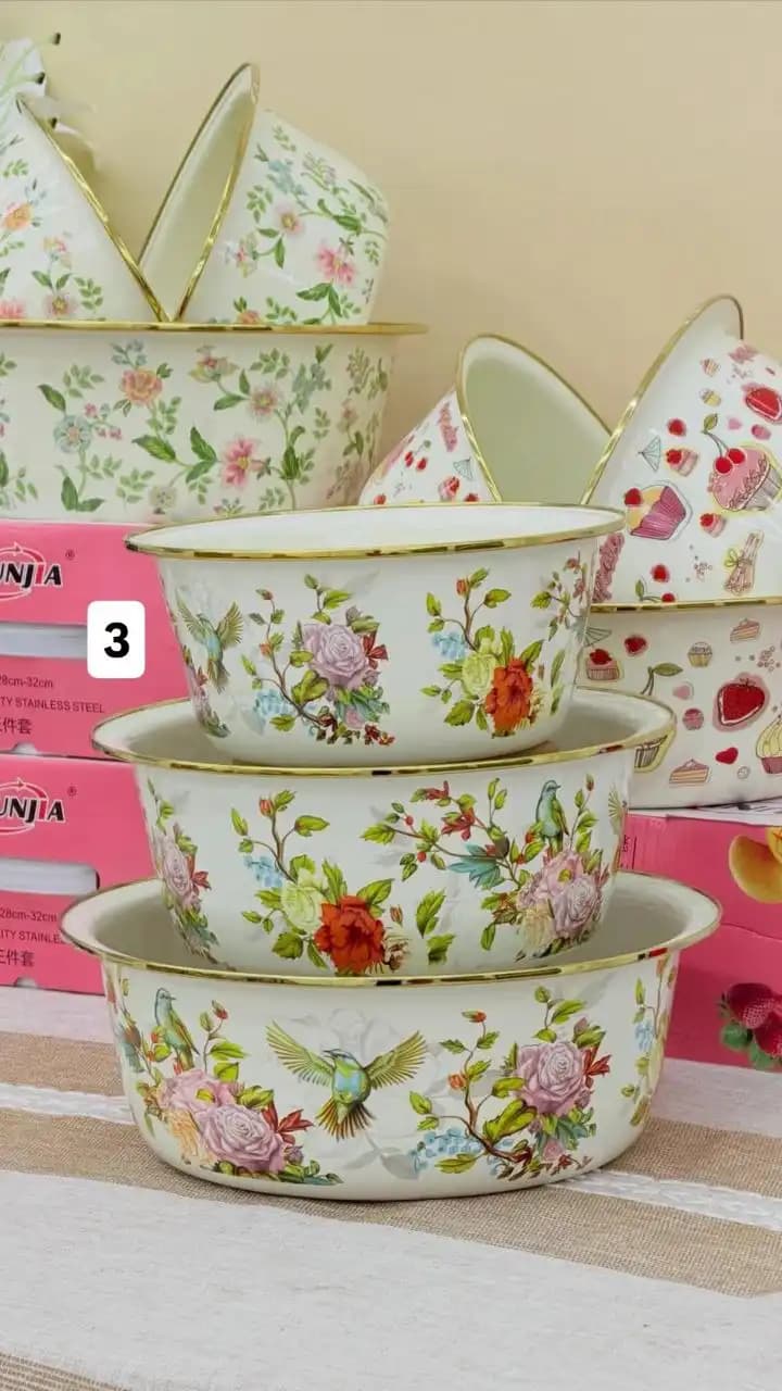 سرویس لگن لعابی طرح‌دار 3 پارچه لبه طلایی — تصویر ۳