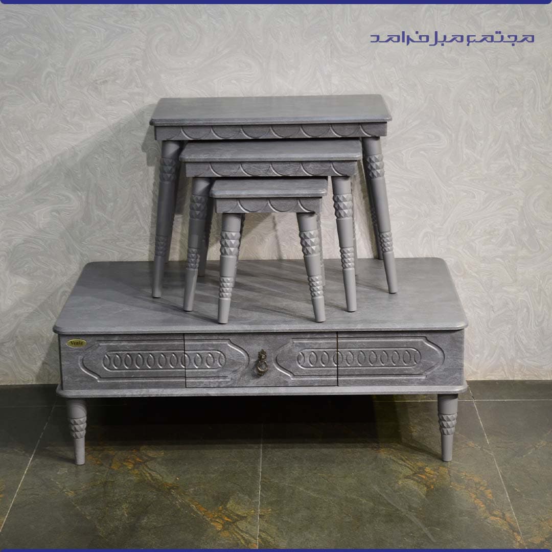 میز جلو مبلی و سه عسلی باکس دار رنگ طوسی