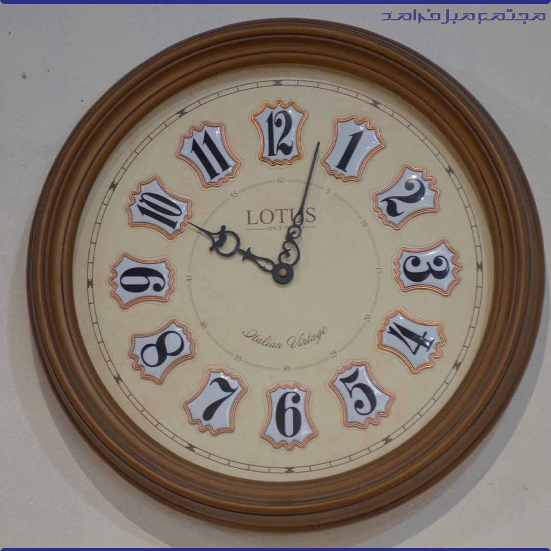 ساعت دیواری گرد لوتوس رنگ قهوه ای حروف برجسته کد 7033