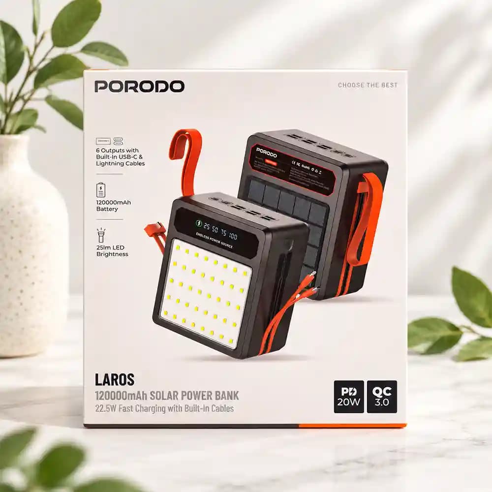 پاوربانک خورشیدی PORODO مدل LAROS 120000mAh Solar Power Bank | PDPB120