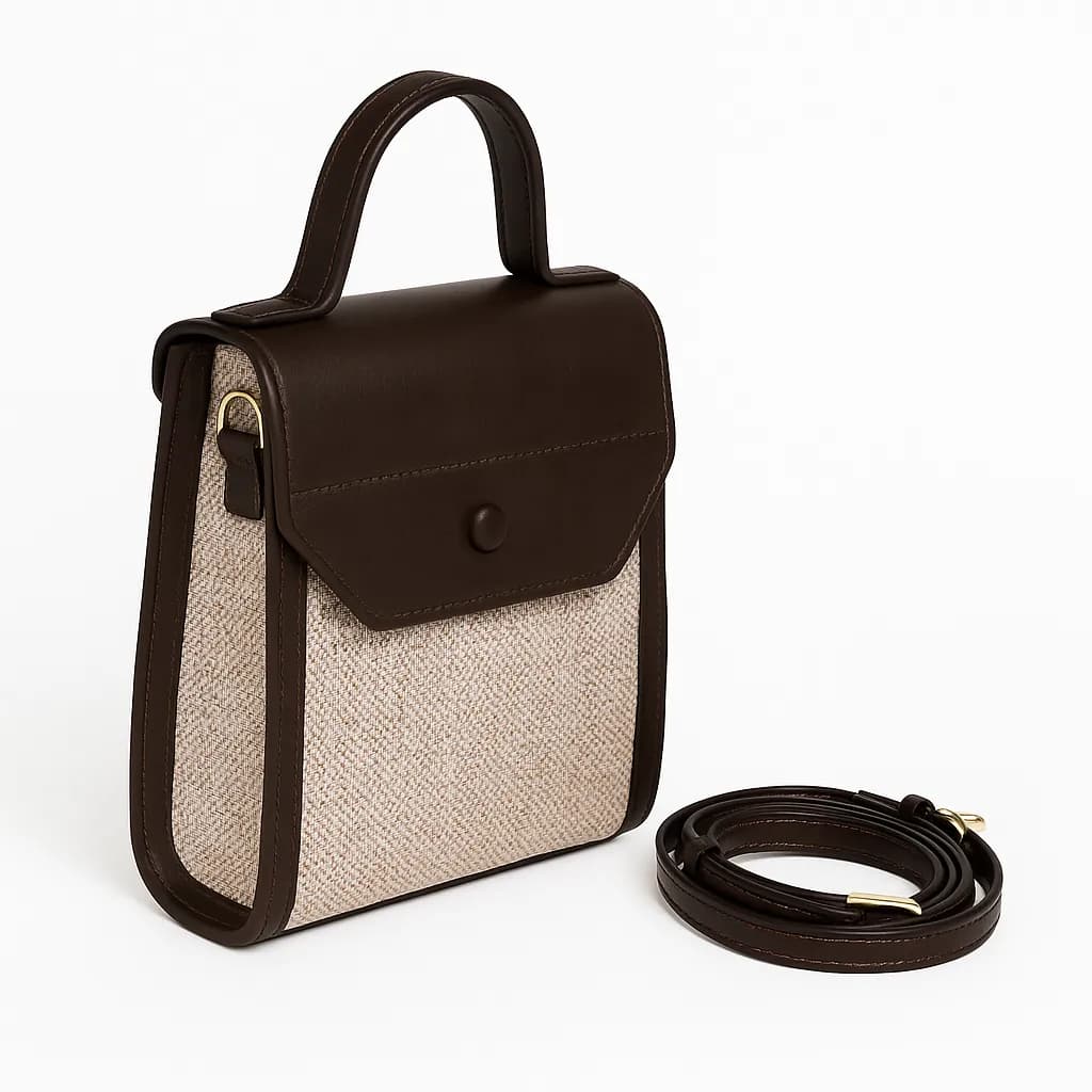 کیف زنانه چرم و حصیری دستی، دوشی فارل کد F825 — تصویر ۲