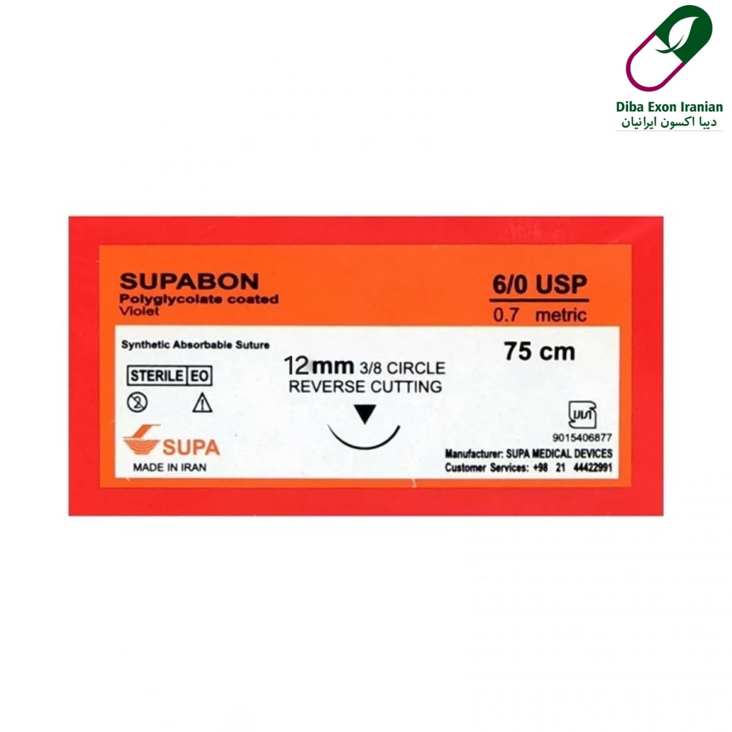 نخ جراحی سوپا ویکریل(سوپابن) 6/0 (6.0) کات سوزن 12 (بسته 36 عددی)