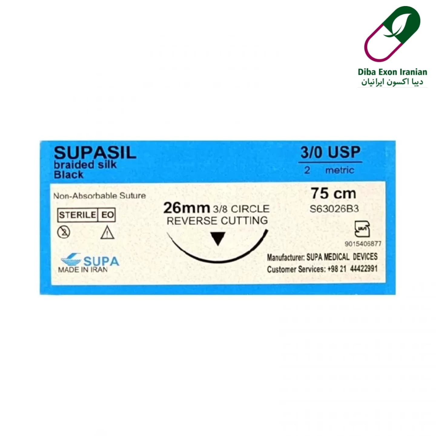 نخ جراحی سوپا سیلک 3/0 (3.0) کات سوزن 26 (بسته 36 عددی)