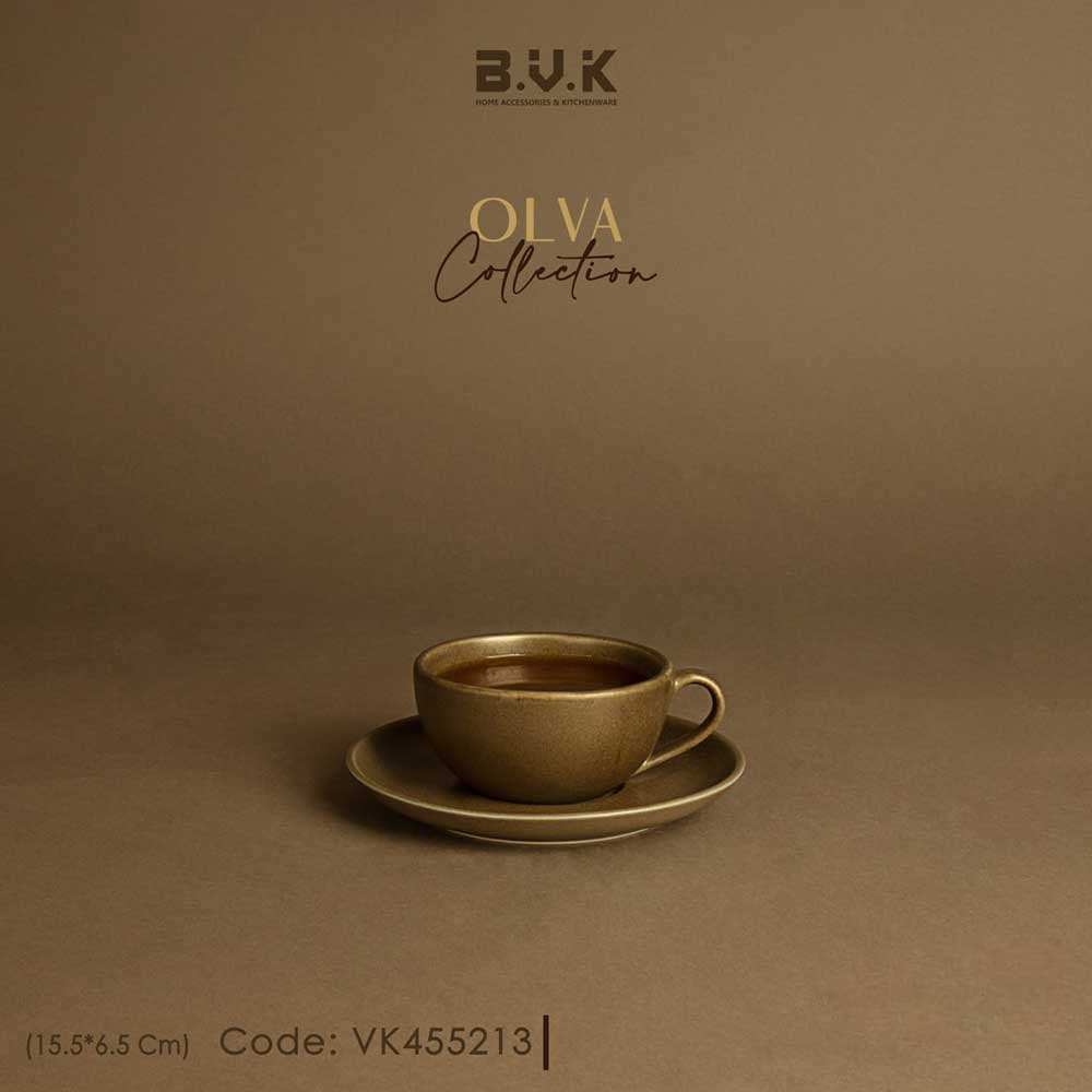 فنجان و نعلبکی چای زیتونی 6عددی برند BVK