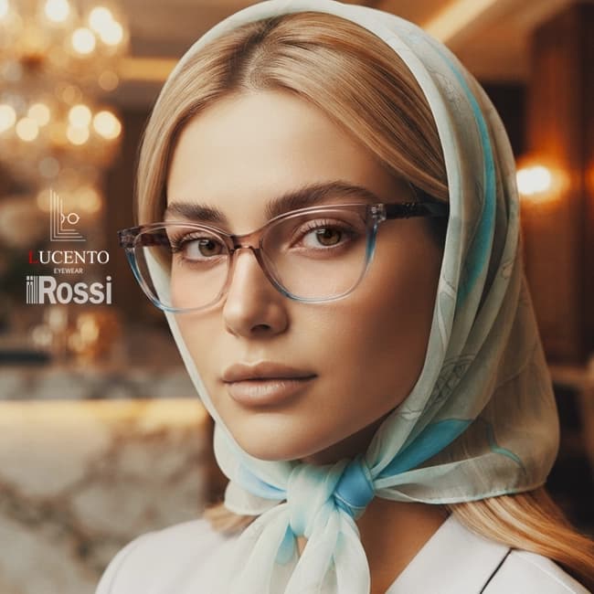عینک طبی زنانه ROSSI مدل 17285 | فریم گربه‌ای کائوچویی دو رنگ قهوه‌ای و آبی