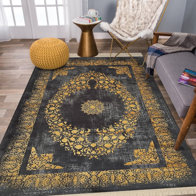فرش ماشینی ذغالی طلایی طرح آرین کد 70058 وینتیج