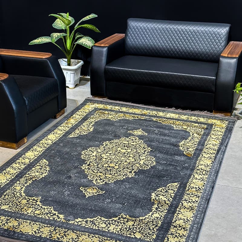 فرش ماشینی وینتیج طرح آرین کد 70048 ذغالی طلایی