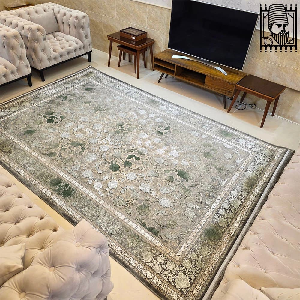 فرش ۱۲۰۰ شانه طرح 2520 نقره ای گل برجسته + فیلم