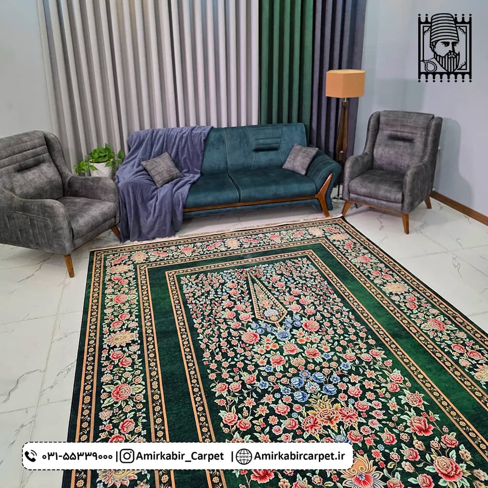 فرش طرح باغ گل سبز معادل 77 رج دستباف