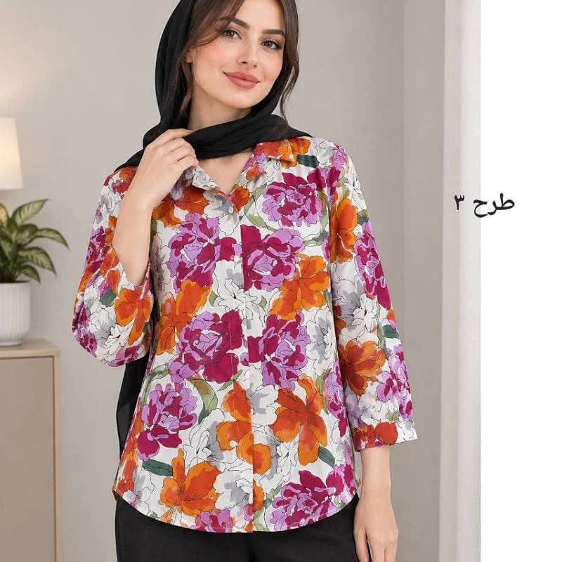 شومیز نخی خارجی گلدار زنانه قواره دار/کد29993 — تصویر ۴