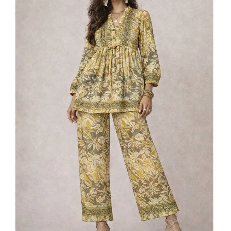 ست بلوزشلوار نخی گلدار وارداتی هندی زنانه /کد29877 — تصویر ۲