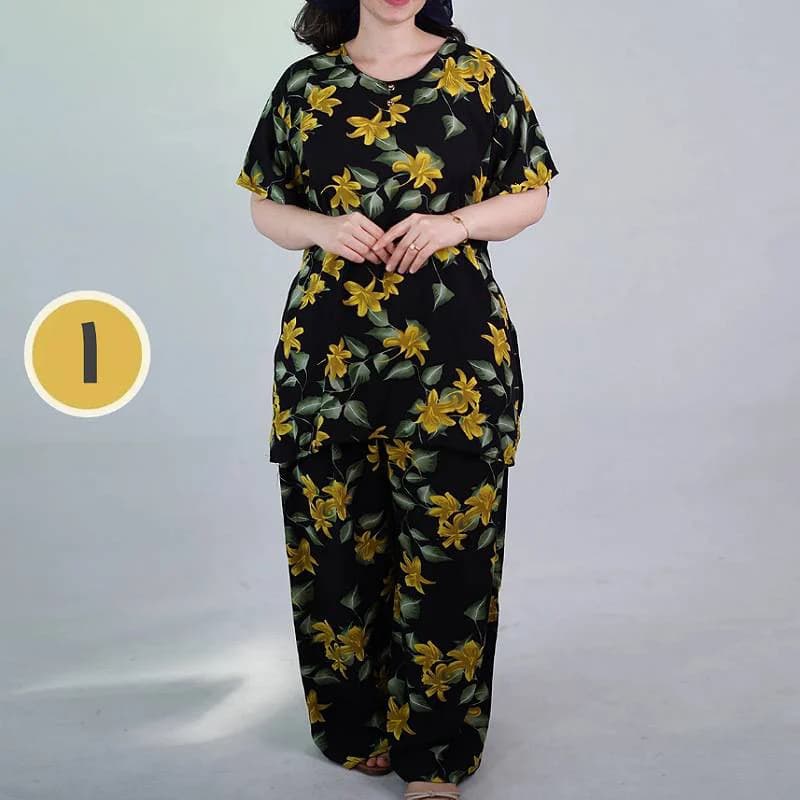 ست راحتی بلوزشلوار نخی قواره بزرگ زنانه گل پامچال /کد29800 — تصویر ۲