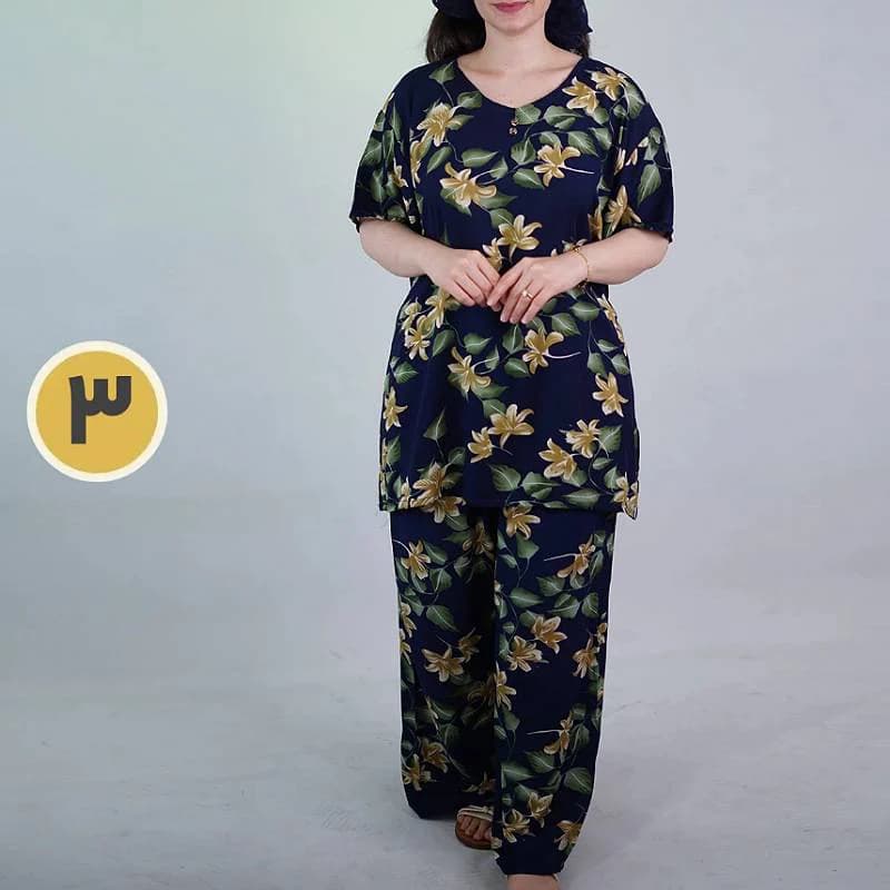 ست راحتی بلوزشلوار نخی قواره بزرگ زنانه گل پامچال /کد29800 — تصویر ۴