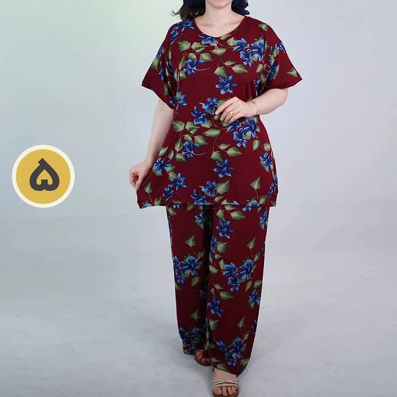 ست راحتی بلوزشلوار نخی قواره بزرگ زنانه گل پامچال /کد29800 — تصویر ۶