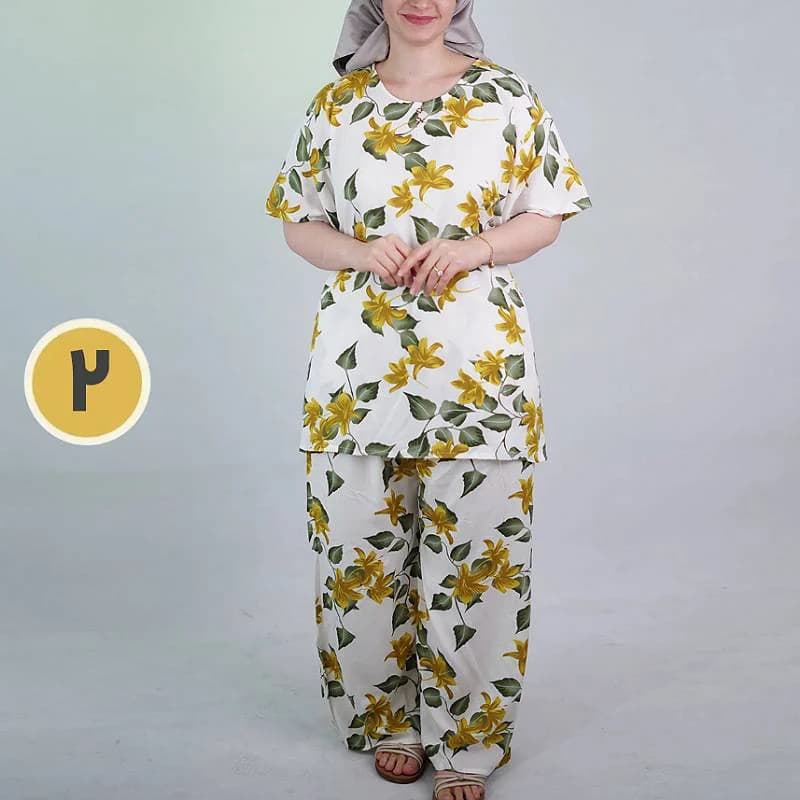 ست راحتی بلوزشلوار نخی قواره بزرگ زنانه گل پامچال /کد29800 — تصویر ۳
