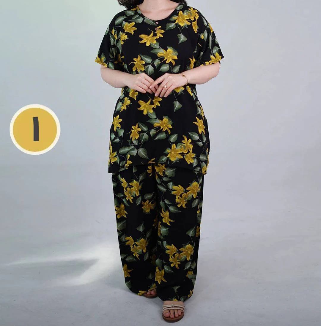 ست راحتی بلوزشلوار نخی طرح گل پامچال/کد29407 — تصویر ۲