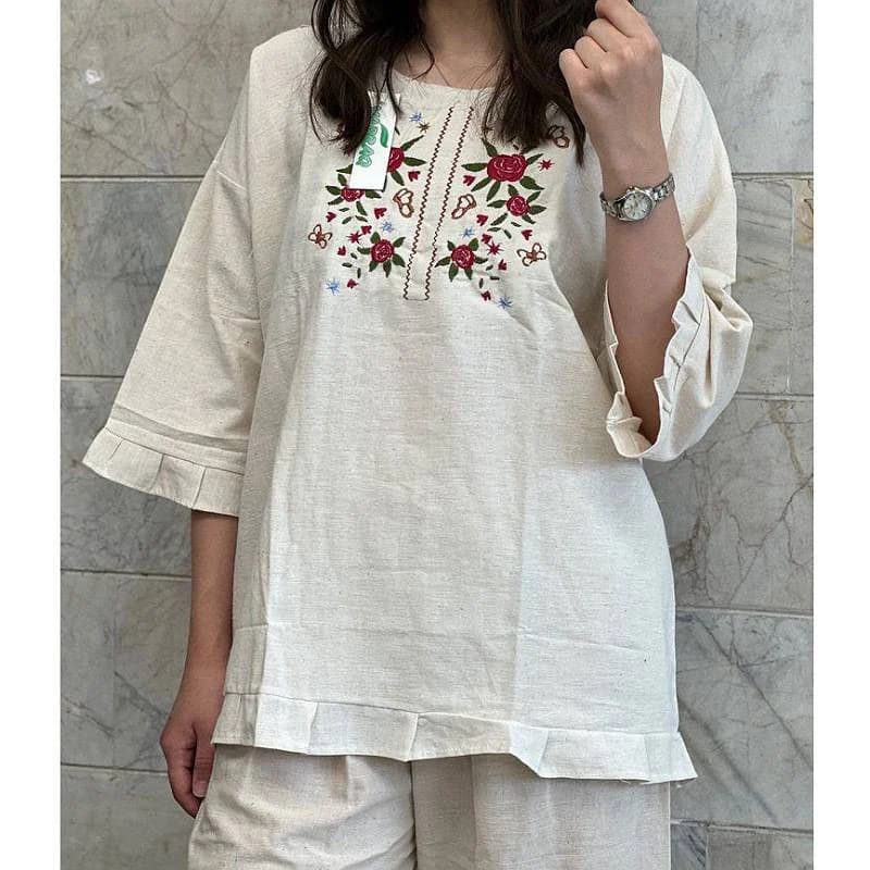 ست بلوزشلوار گلدوزی لینن نچرال زنانه/کد29302 — تصویر ۳