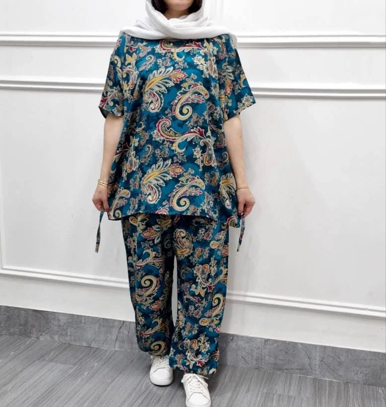 ست راحتی بلوزشلوارنخی سایزبزرگ طرح ترمه/کد29285
