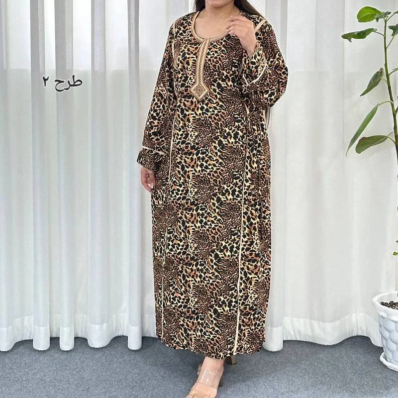 پیراهن ساحلی نخی پلنگی یال دار یقه گلدوزی کد29256 — تصویر ۴