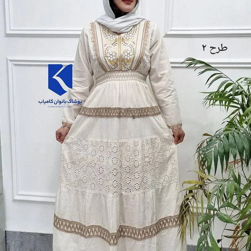 پیراهن ساحلی کرم گلدوزی اورجینال هندی طرح ماه بانو/کد29210 — تصویر ۴