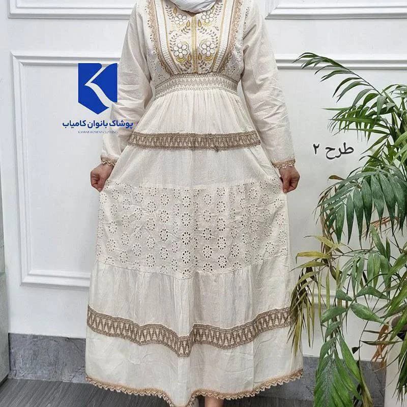 پیراهن ساحلی کرم گلدوزی اورجینال هندی طرح ماه بانو/کد29210 — تصویر ۵