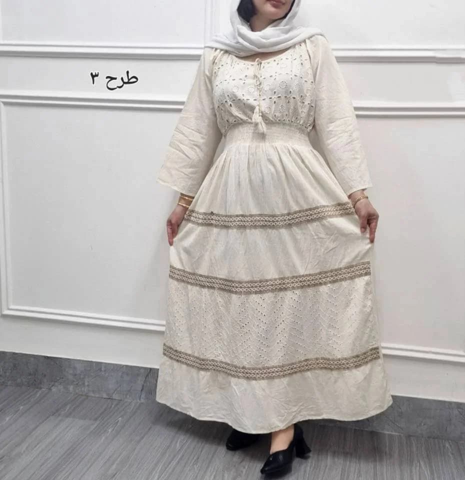 پیراهن ساحلی کرم گلدوزی اورجینال هندی طرح ماه بانو/کد29210 — تصویر ۶