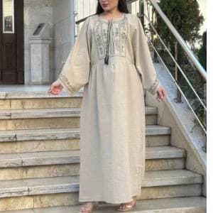 پیراهن ساحلی مانتویی کفتان لینن گلدوزی طرح کیمینو/کد29190