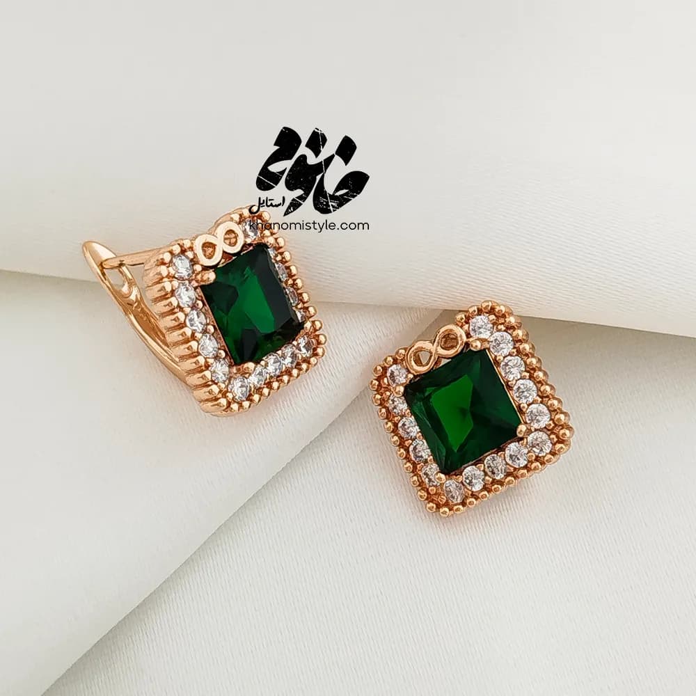 گوشواره نگین زمردی مربعی ژوپینگ E12016