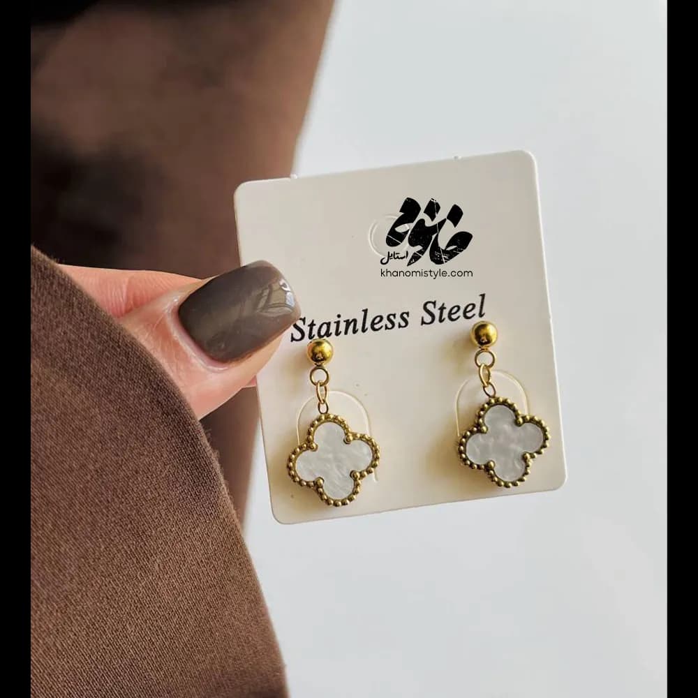 گوشواره آویز ونکلیف طلایی نگین سفید(صدفی) E1103T2 — تصویر ۳