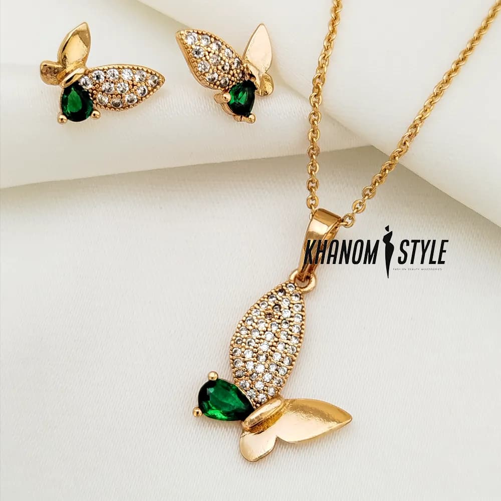 نیم ست ژوپینگ طرح پروانه نگین‌دار سبز کد JS4020